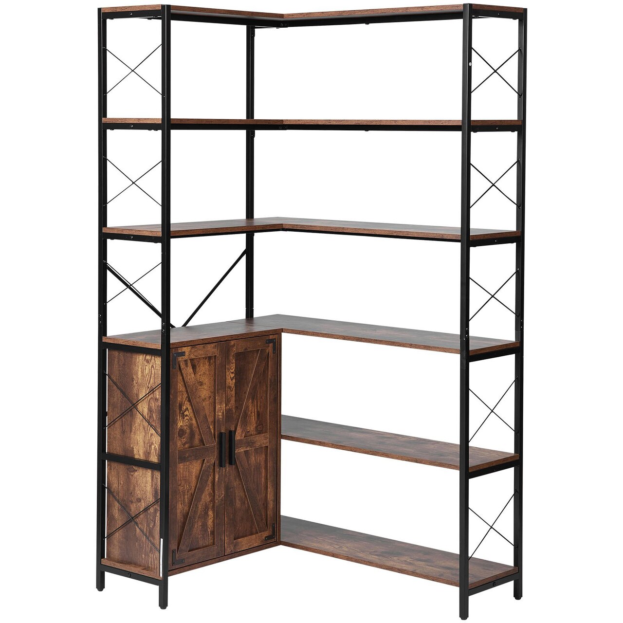 L-Shaped 6-Tier Wood Storage Corner Bookshelf with Cabinet and Metal Frame for Living Room or Office
